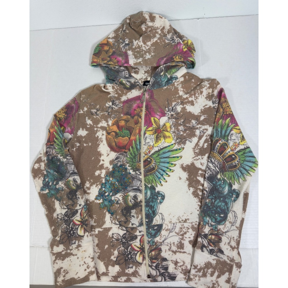 Cubism Graphic Zip Up Hoodie Womens L Brown Acid Wash Rhinestone Y2K Hardy Style
